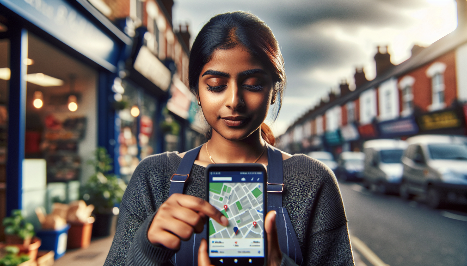 A UK tradesperson checking online reviews on a smartphone, with a British high street in the background.