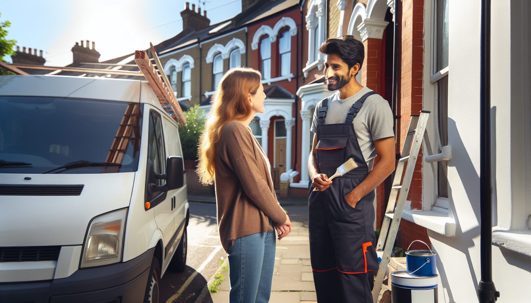 A UK tradesperson talking to a neighbor outside a red-brick house, with a van and work tools nearby.