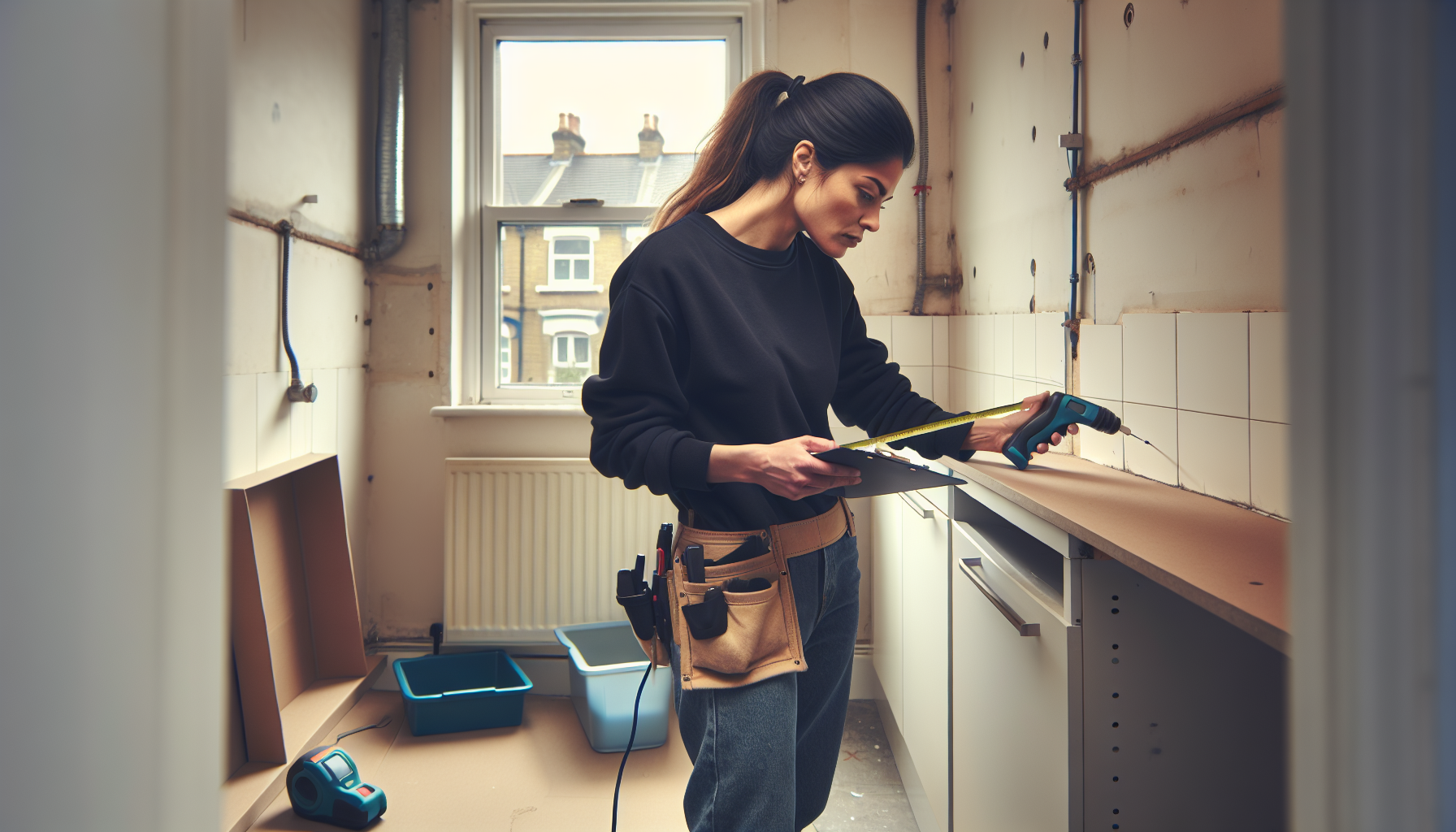Kitchen fitter conducting a site survey with laser measure