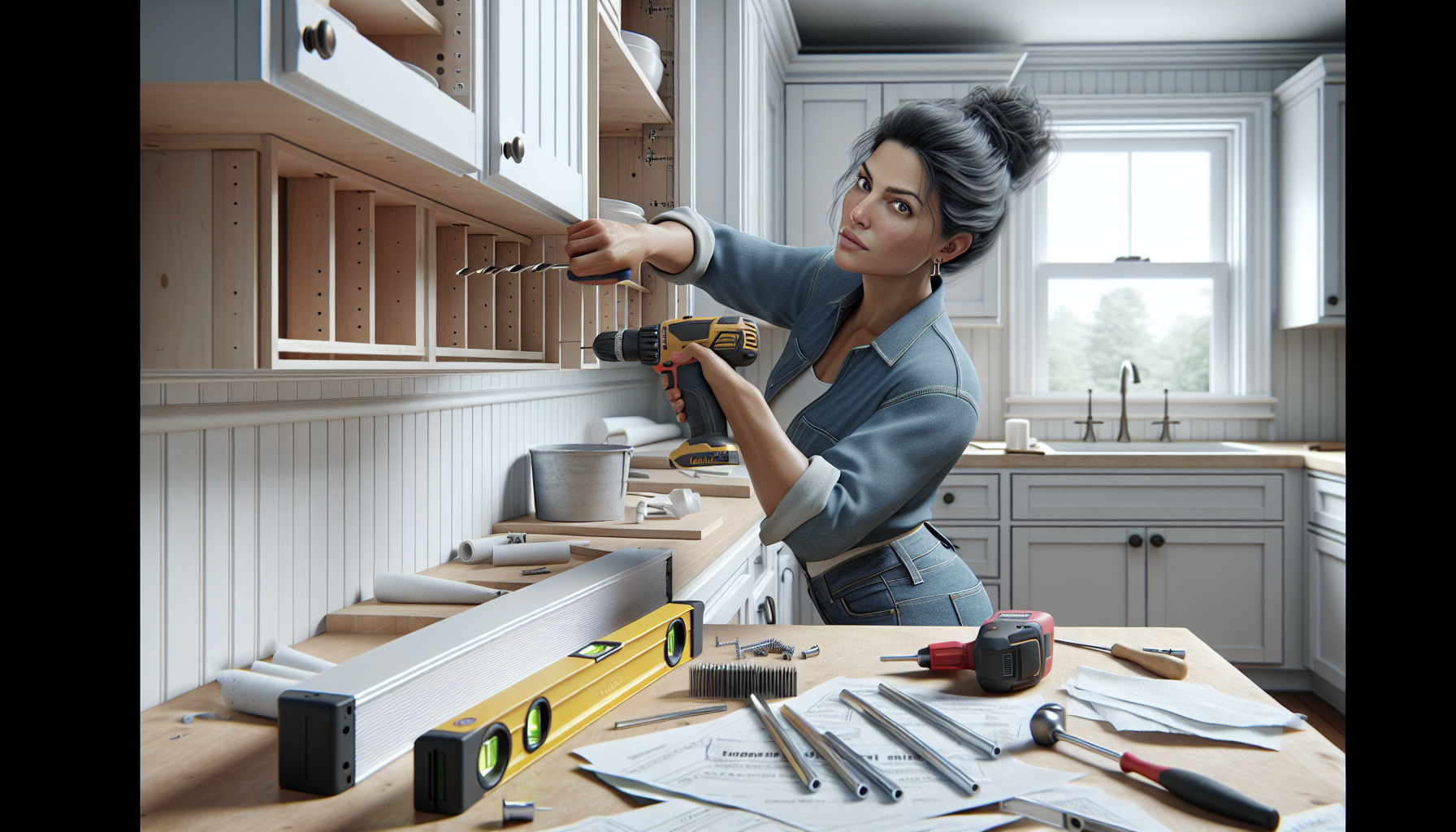 Kitchen fitter installing wall units during a kitchen fit
