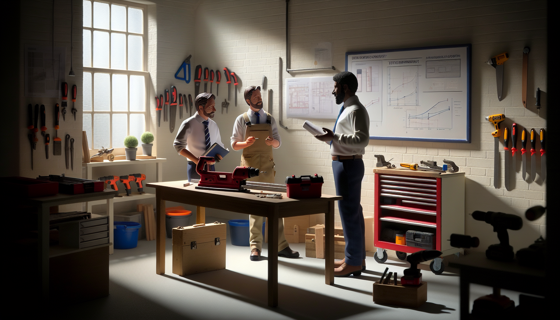 A UK tradesperson discussing business plans with a colleague in a workshop, surrounded by tools.