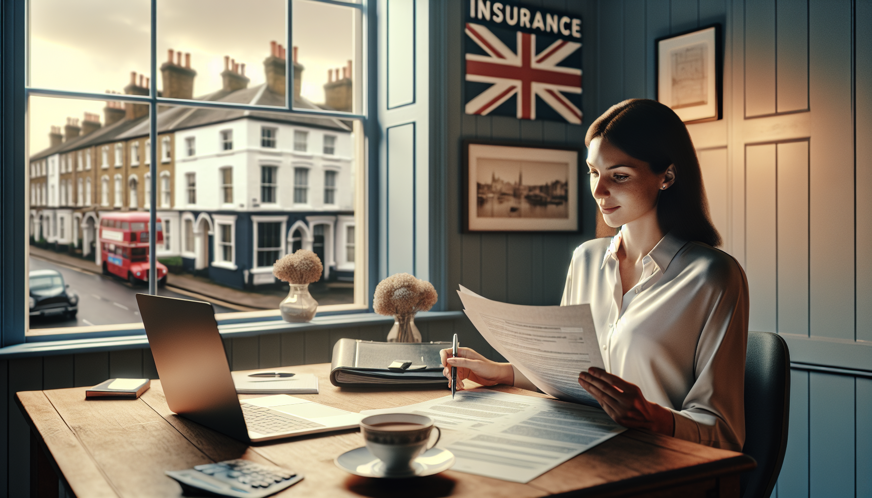 A UK tradesperson in a home office reviewing insurance documents, with a view of a British street outside the window.