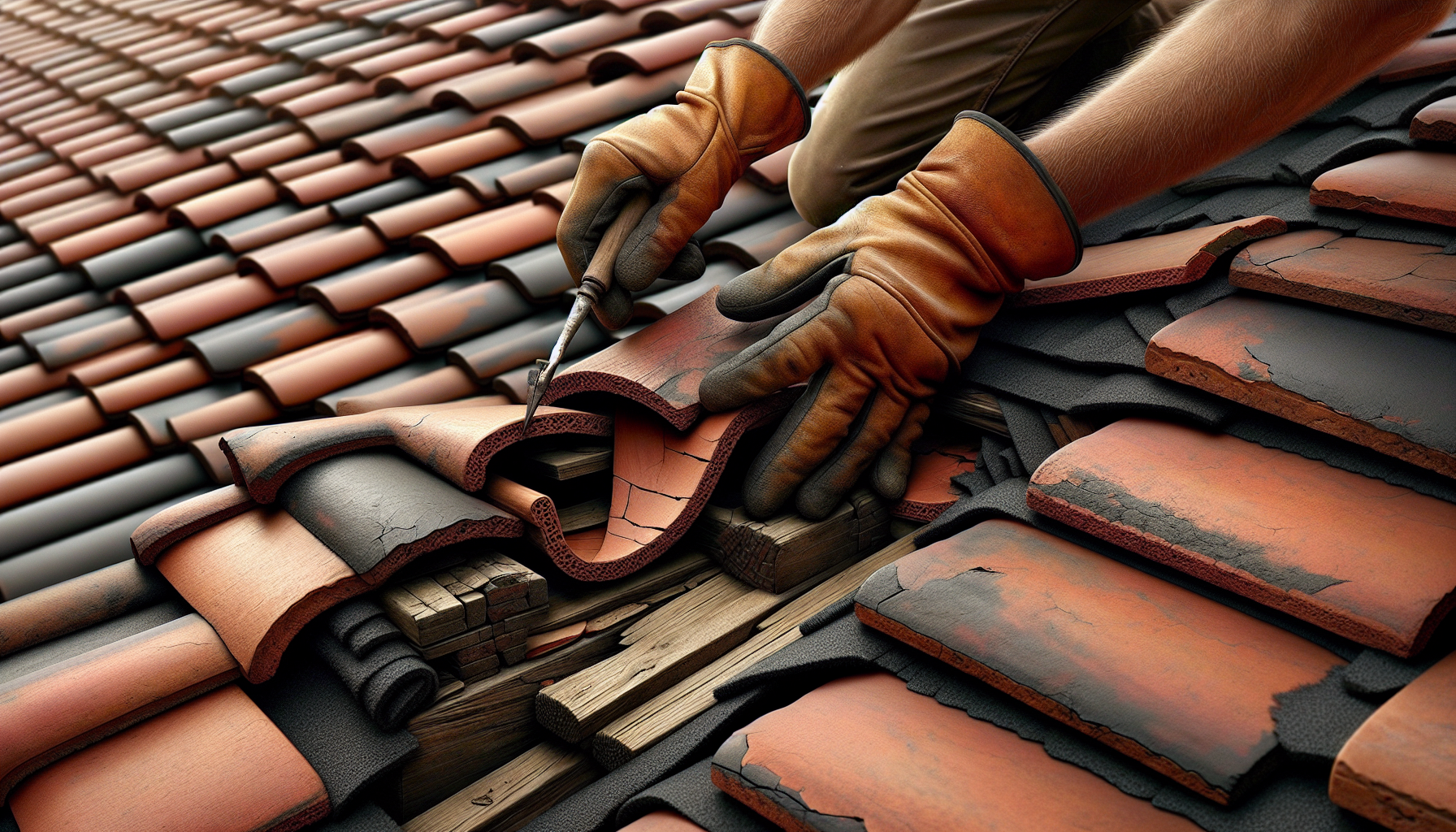 Close-up of a roofer replacing a roof tile