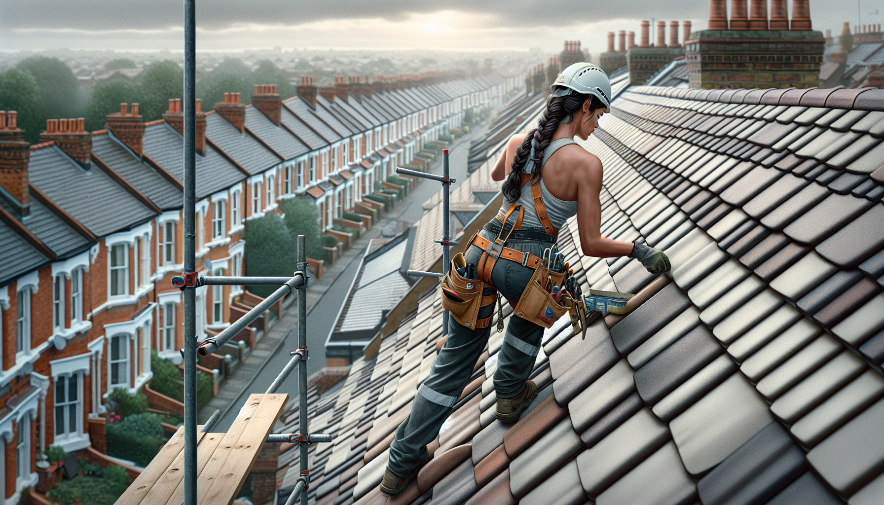 Roofer working on a pitched roof with safety equipment