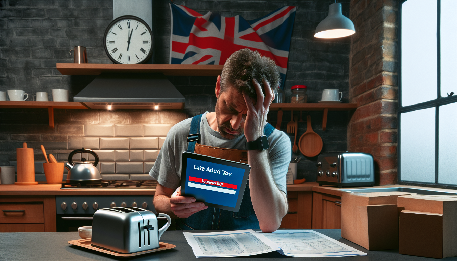 A UK tradesperson in a kitchen looking concerned over a late VAT return notification on a tablet.