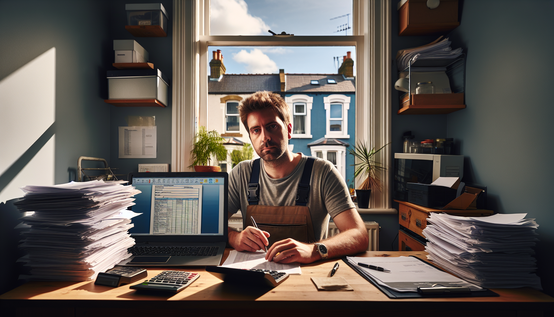A UK tradesperson at a desk preparing a VAT return, with a laptop and paperwork in a home office setting.