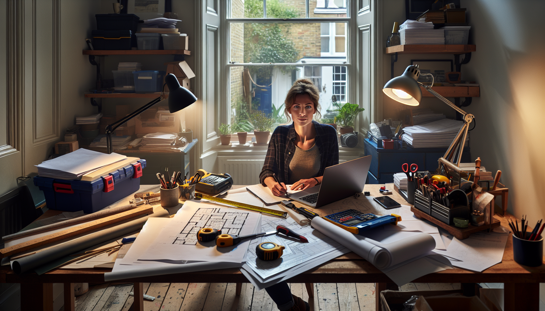 A tradesperson in a home office reviewing quotes, surrounded by tools and paperwork.