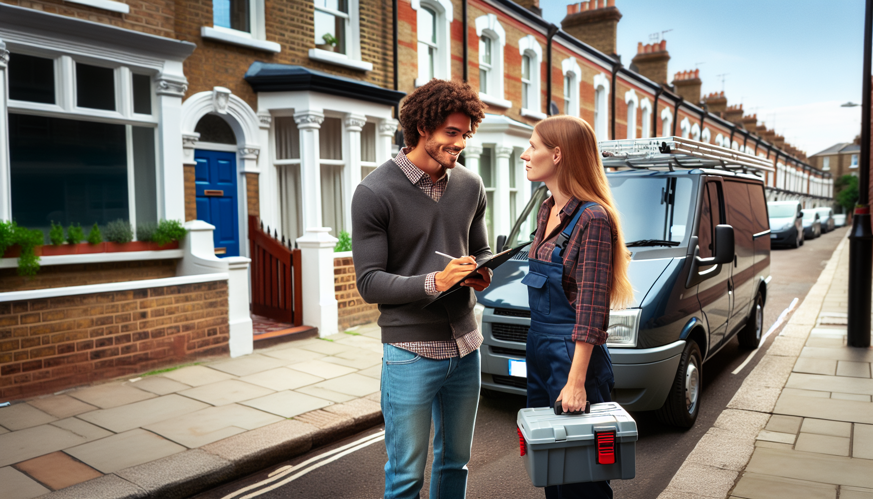 A tradesperson and homeowner discussing a project outside a UK terraced house.