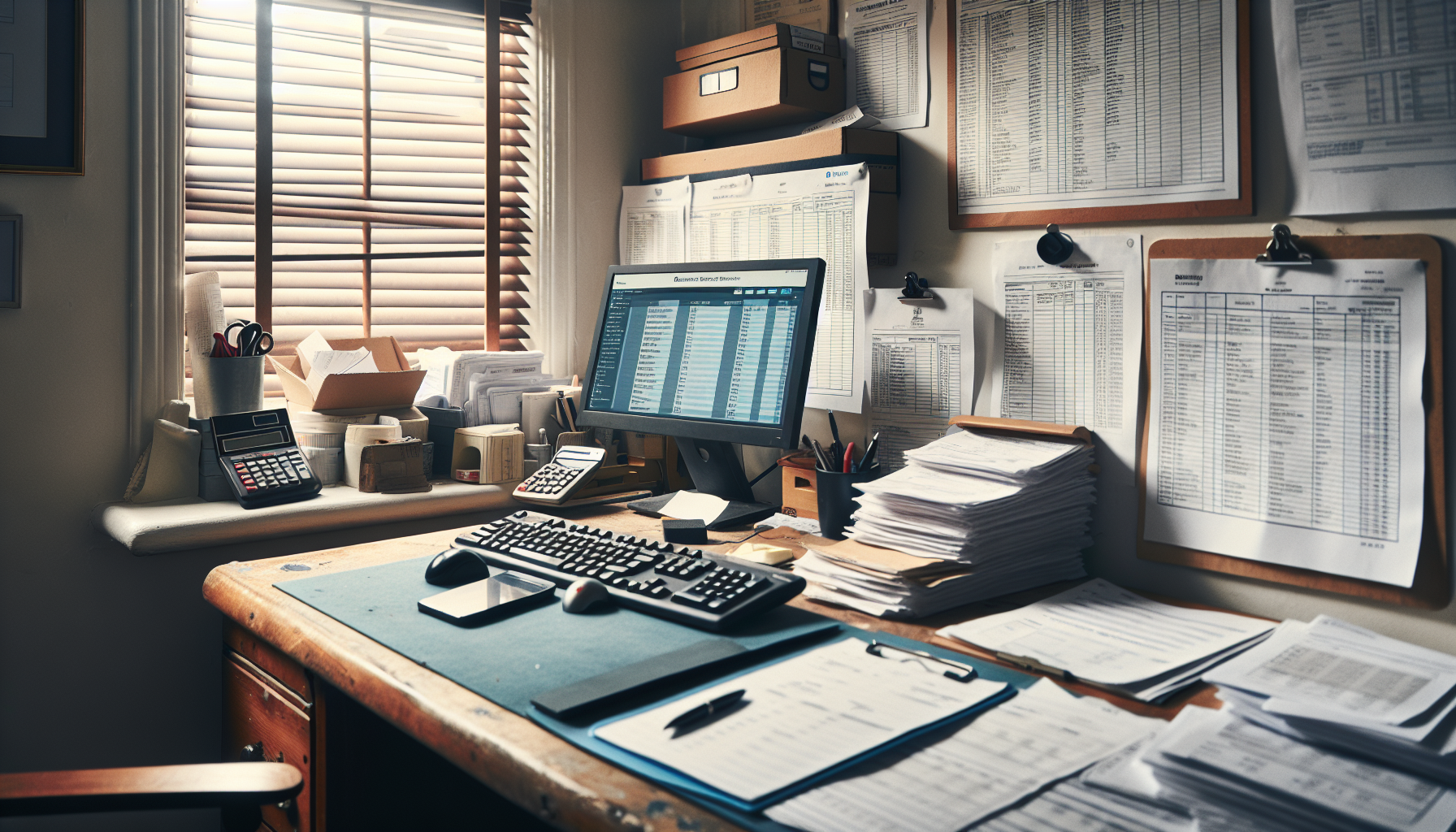 A UK tradesperson's office desk with invoices and accounting tools.