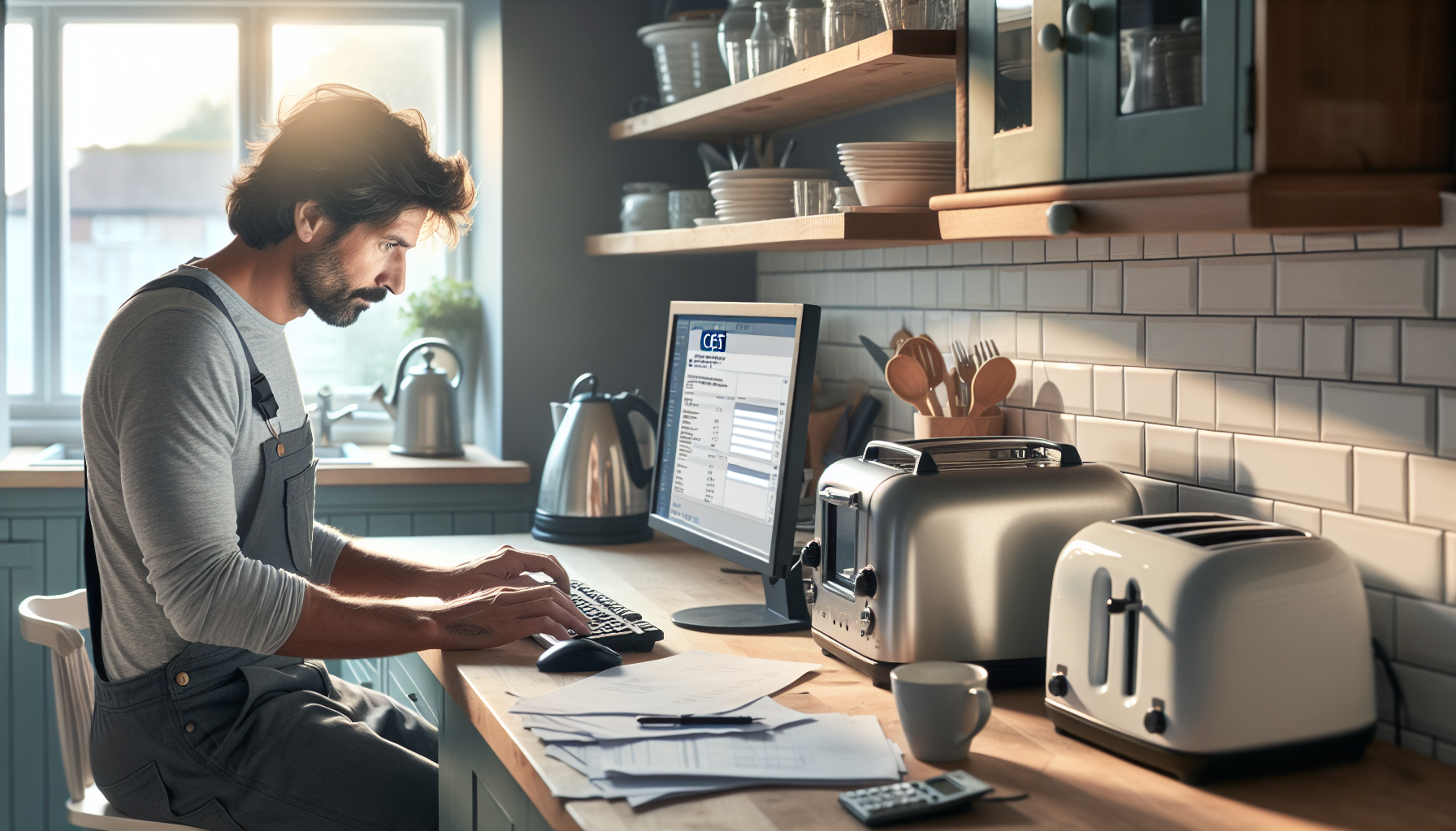 A contractor in a British kitchen using a computer to access the CEST tool, with kitchen appliances visible.