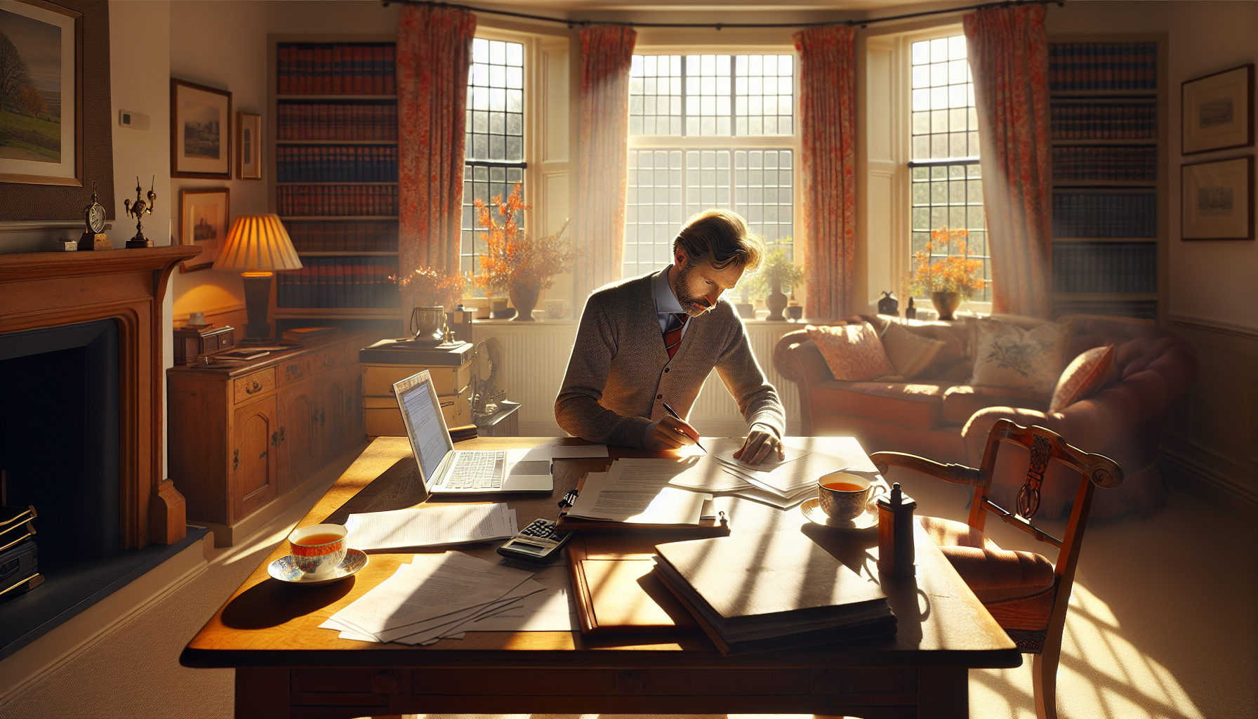 A UK tradesperson in a home office reviewing contracts with papers and a laptop on the desk.