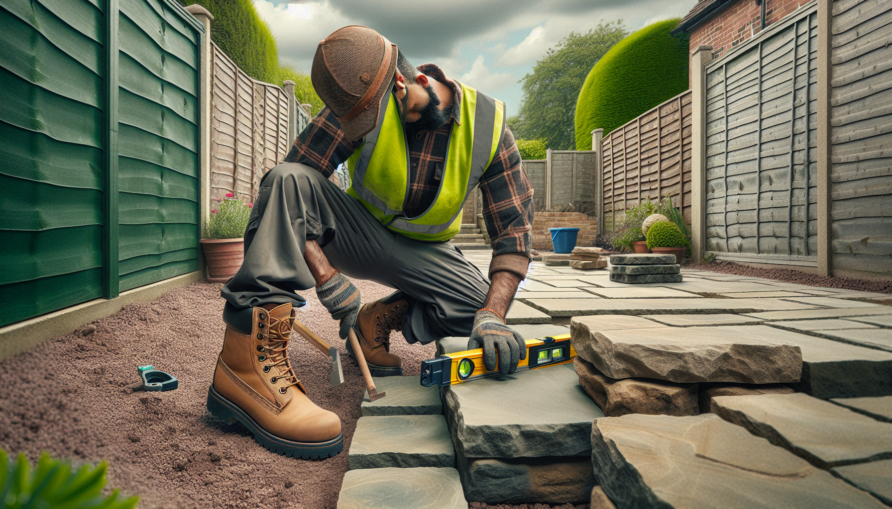 Landscaper laying paving slabs in a UK back garden