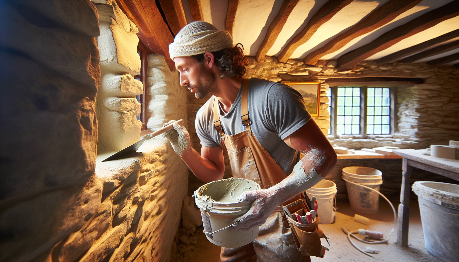 Plasterer applying lime plaster to a heritage stone wall