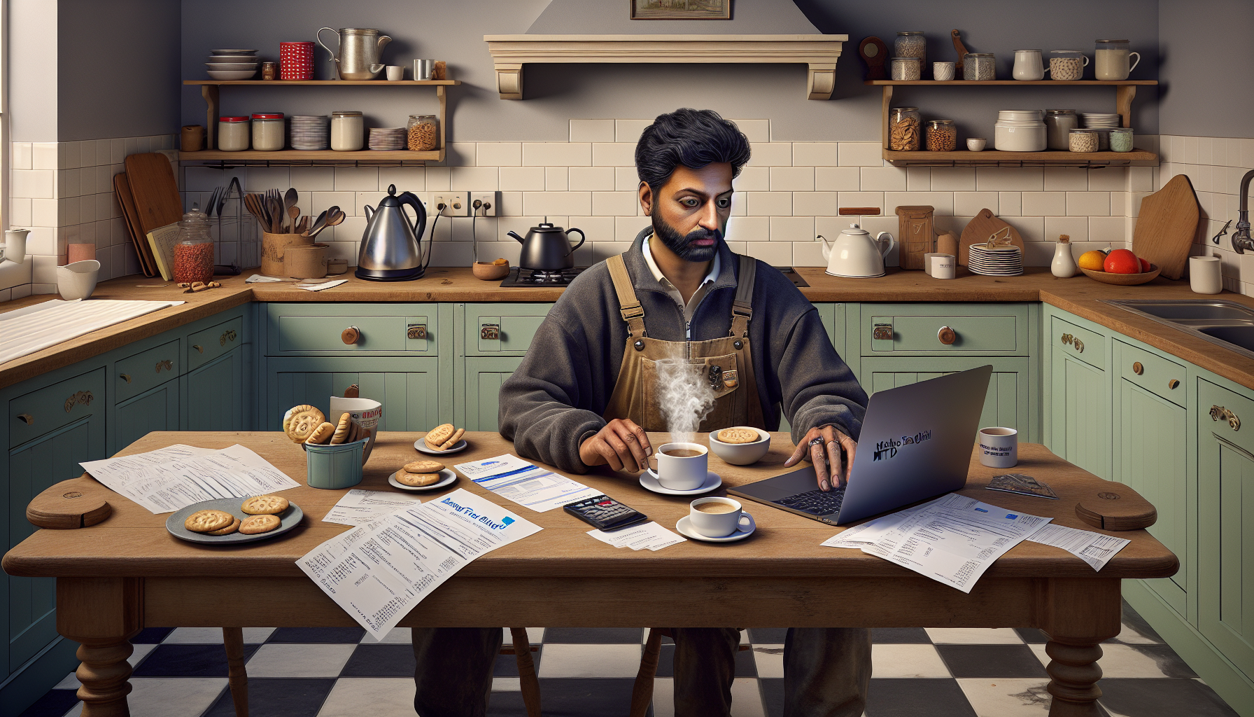 A tradesperson in a British kitchen reviewing MTD software options on a laptop with receipts around.