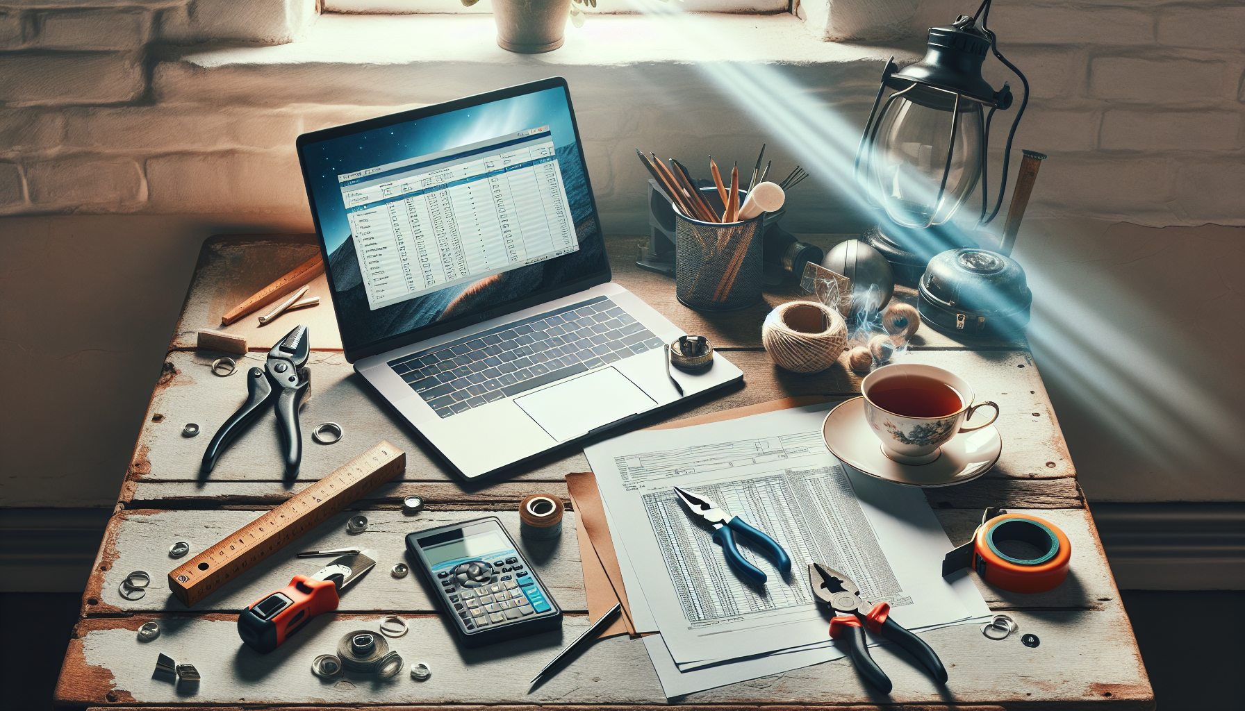 A UK tradesperson's desk with a laptop showing financial software, surrounded by trade tools and documents.