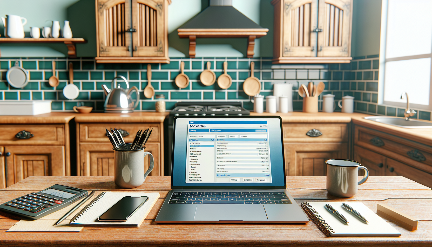 A laptop in a British kitchen displaying tax software, surrounded by notepads and a smartphone.