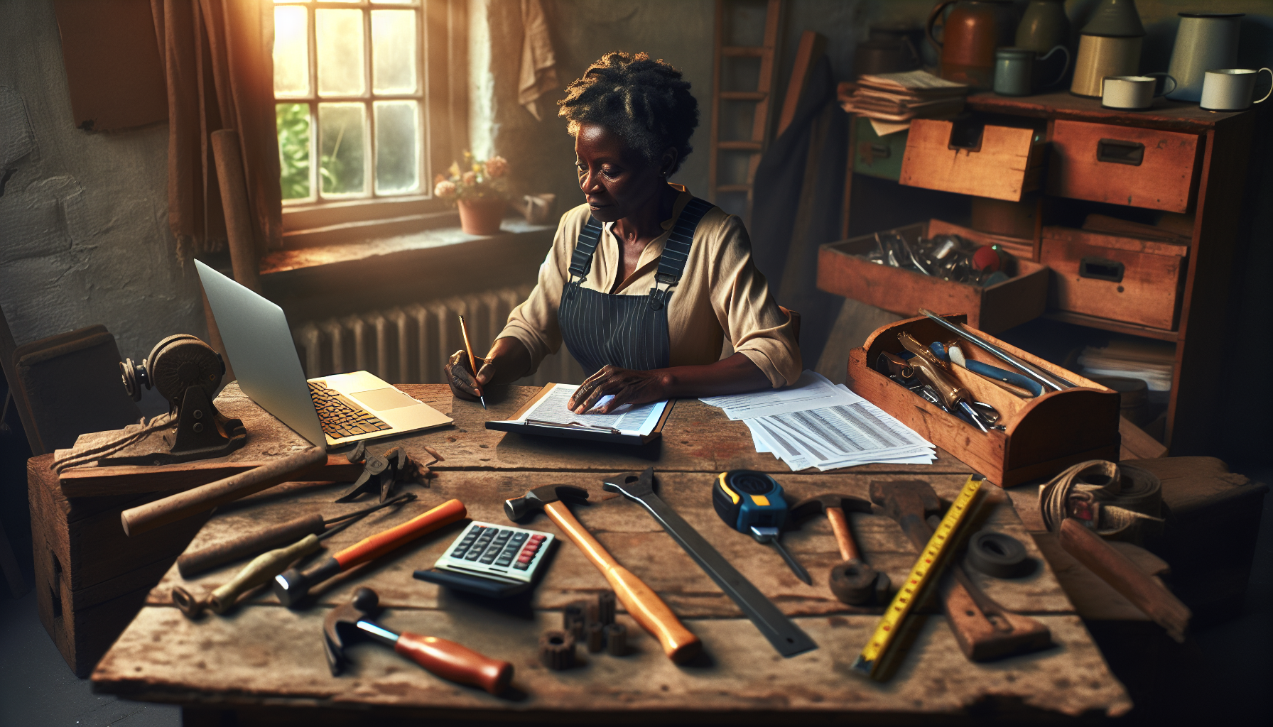 A tradesperson in the UK working at a desk with tools and a laptop, focused on tax forms.