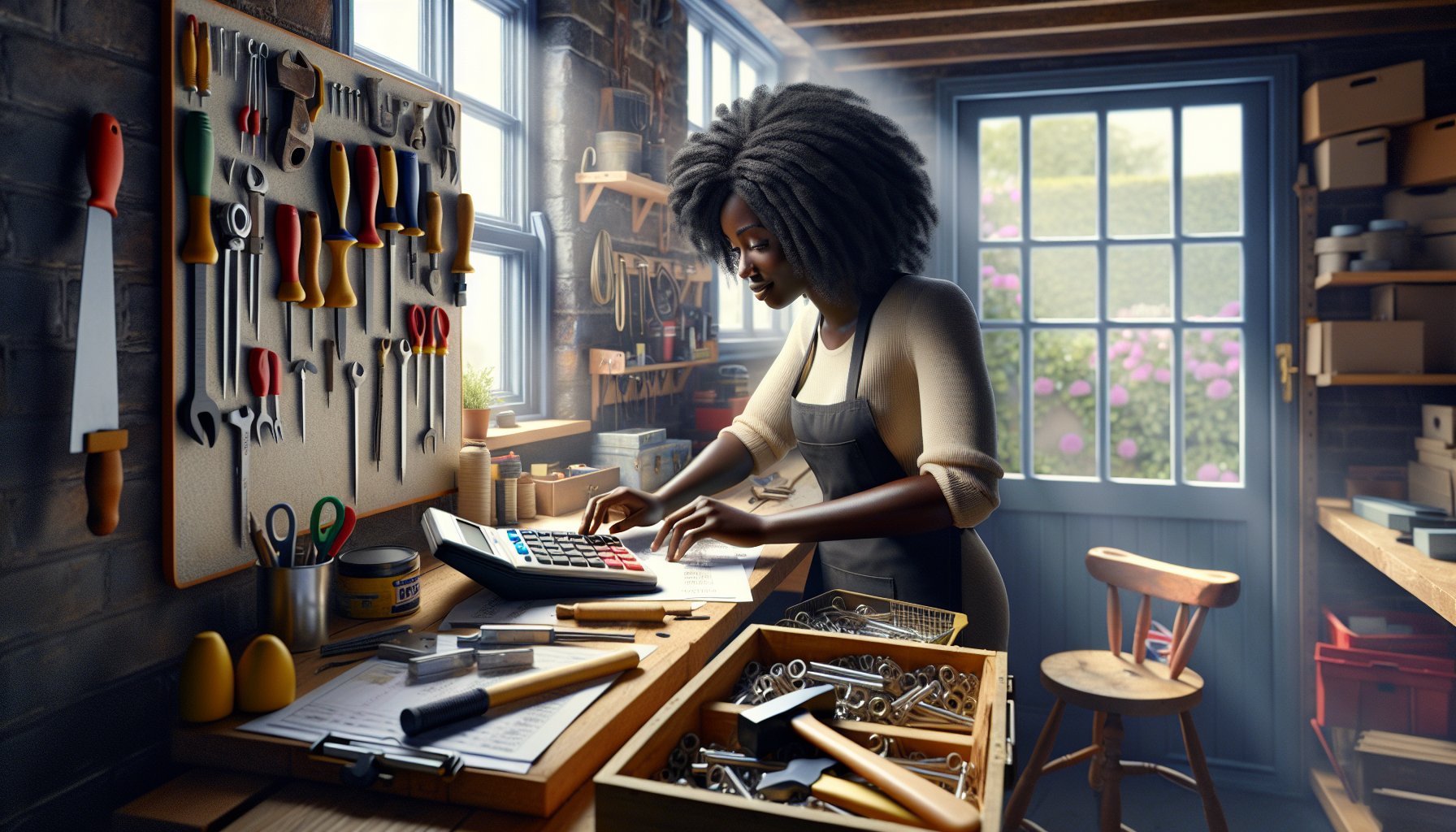 A tradesperson in a workshop calculating financial payments with tools around.