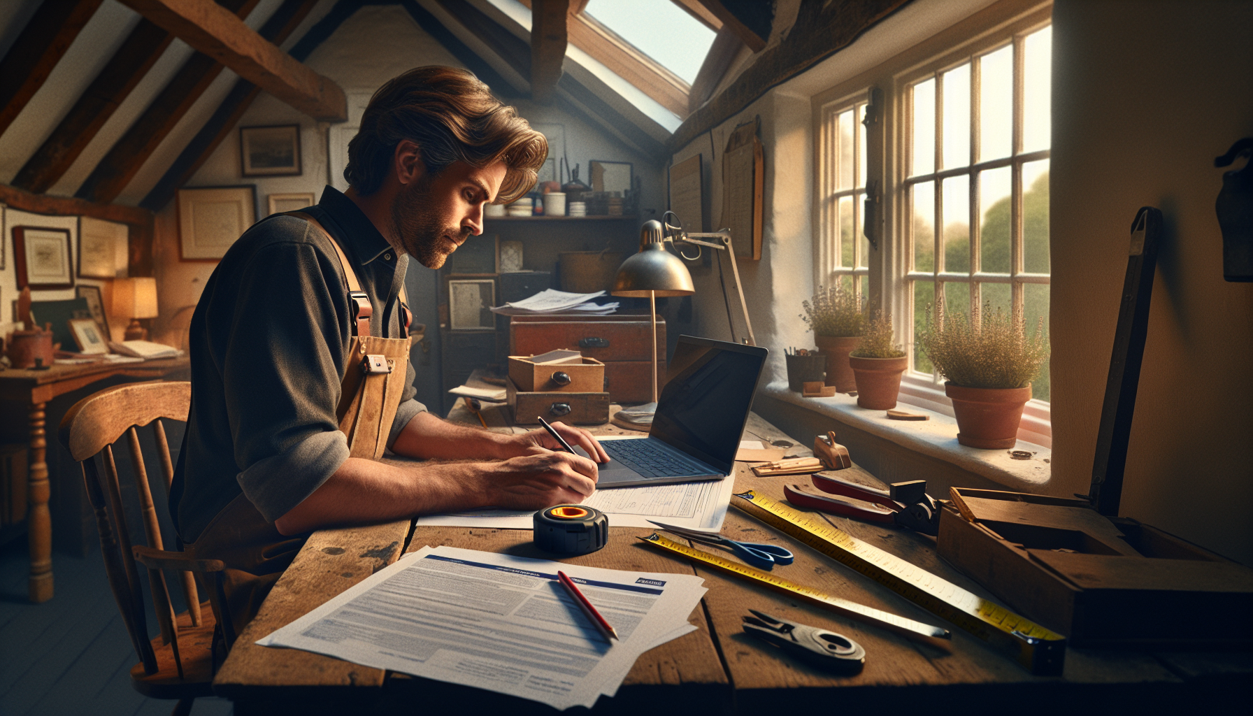 A UK tradesperson reviewing National Insurance documents at a home office desk.
