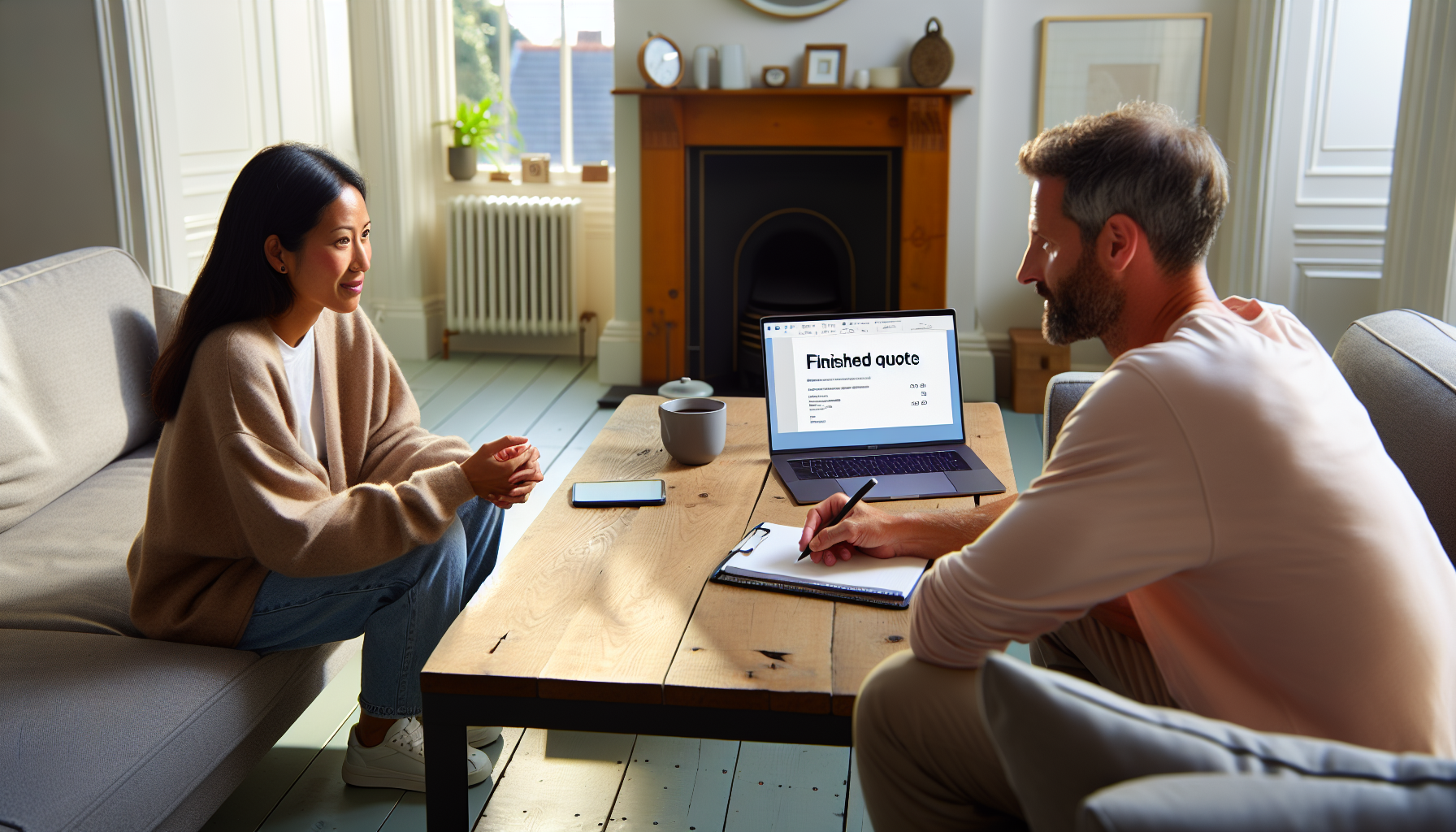 A UK tradesperson presenting a professionally prepared quote to a client in a British living room.