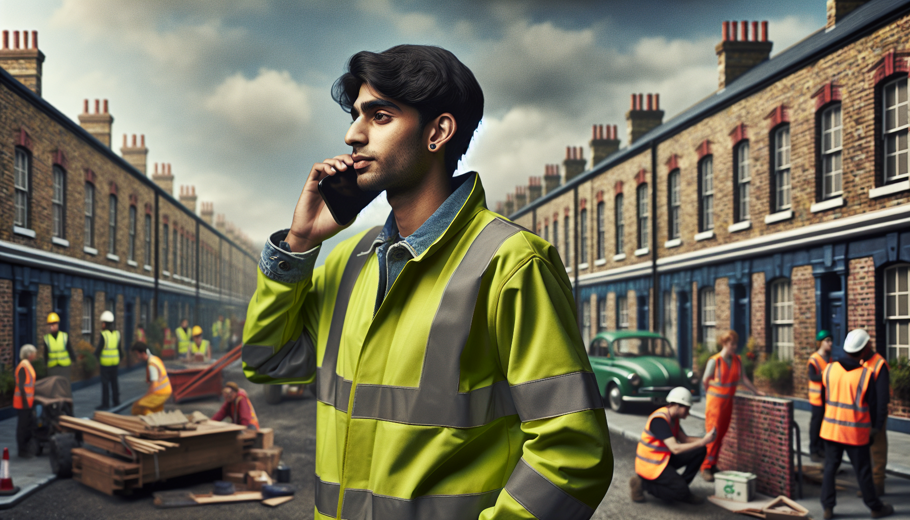 A UK tradesperson making a phone call on a construction site.