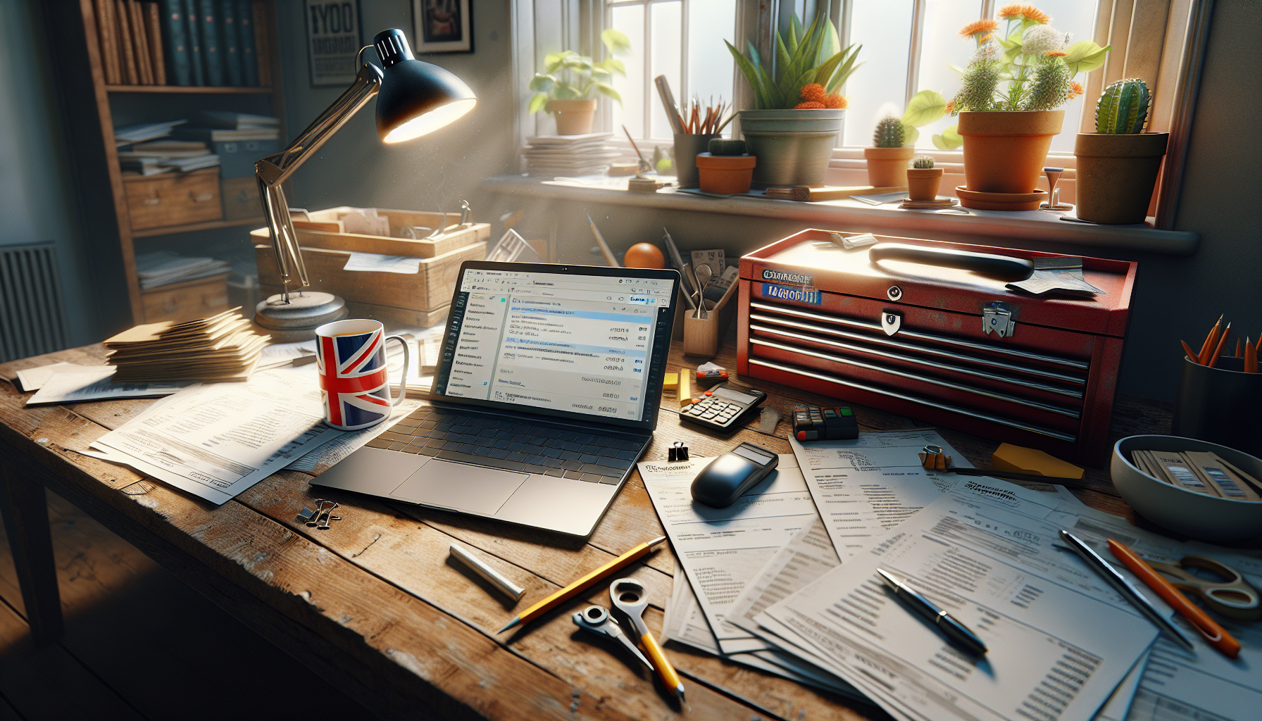 A UK tradesperson's office with invoices and a laptop showing an email.