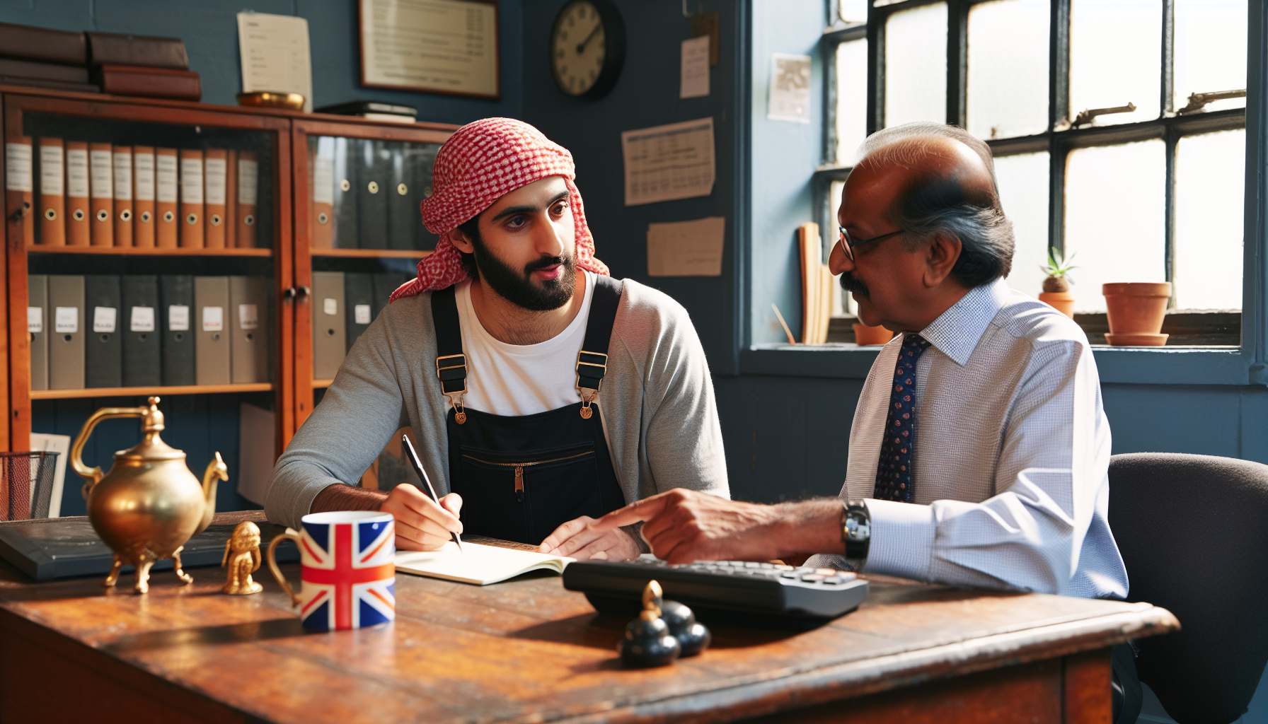 A self-employed tradesperson in the UK discussing pension contributions with an accountant in a British-style office.