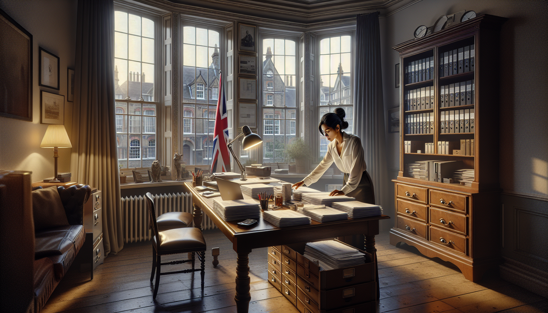 A UK tradesperson in a home office setting, organizing documents with British architectural features visible.