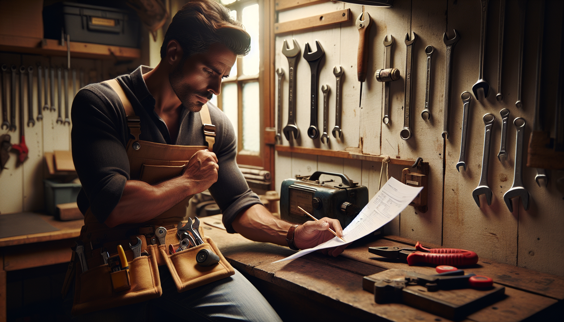 A UK tradesperson in a workshop setting, reviewing a proforma invoice with tools nearby.