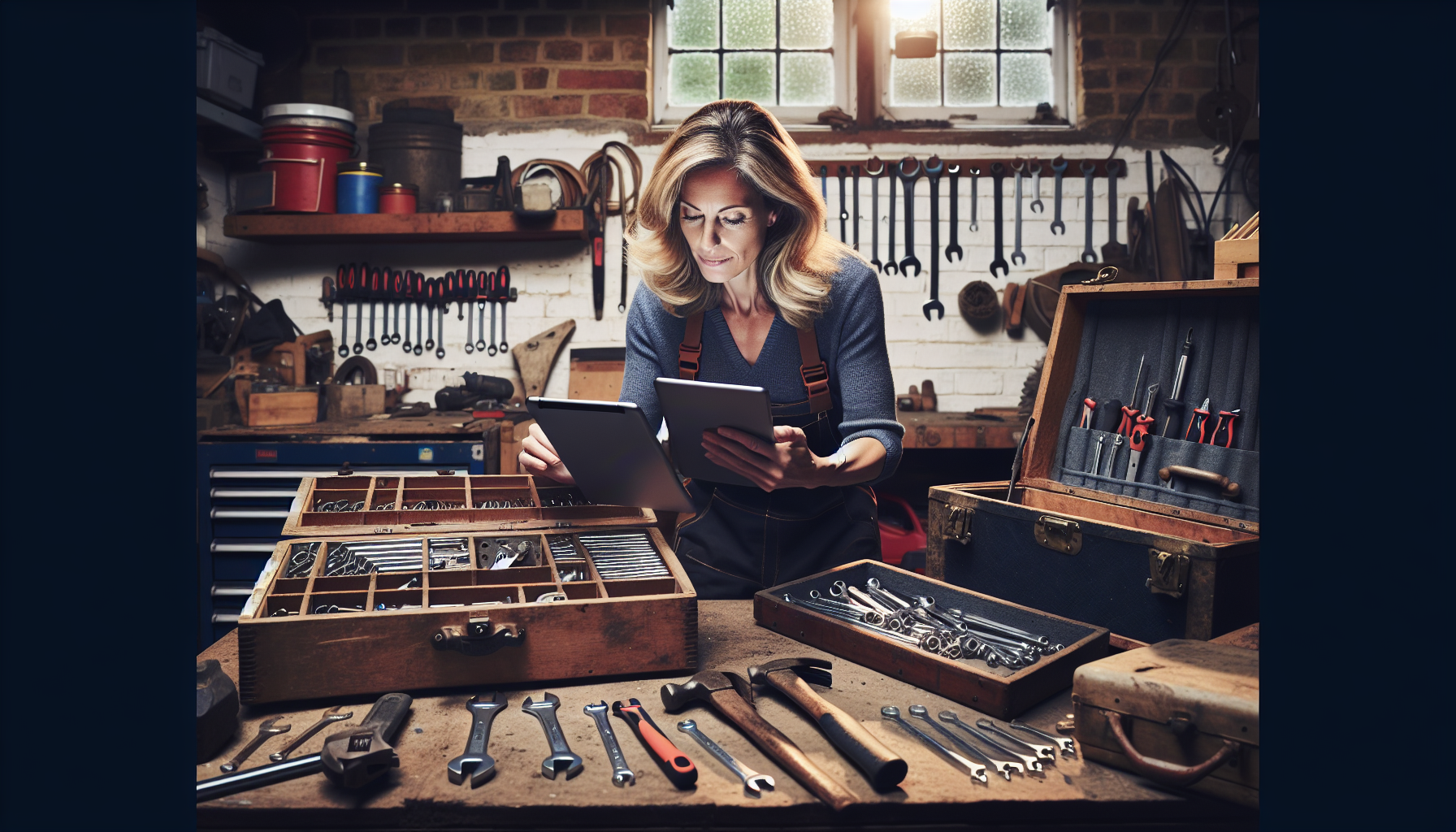 A tradesperson in a UK garage workshop using a tablet among various tools.