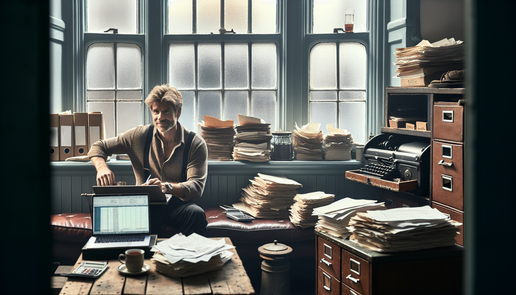 A UK tradesperson organizing financial records in a home office with a laptop and paperwork.