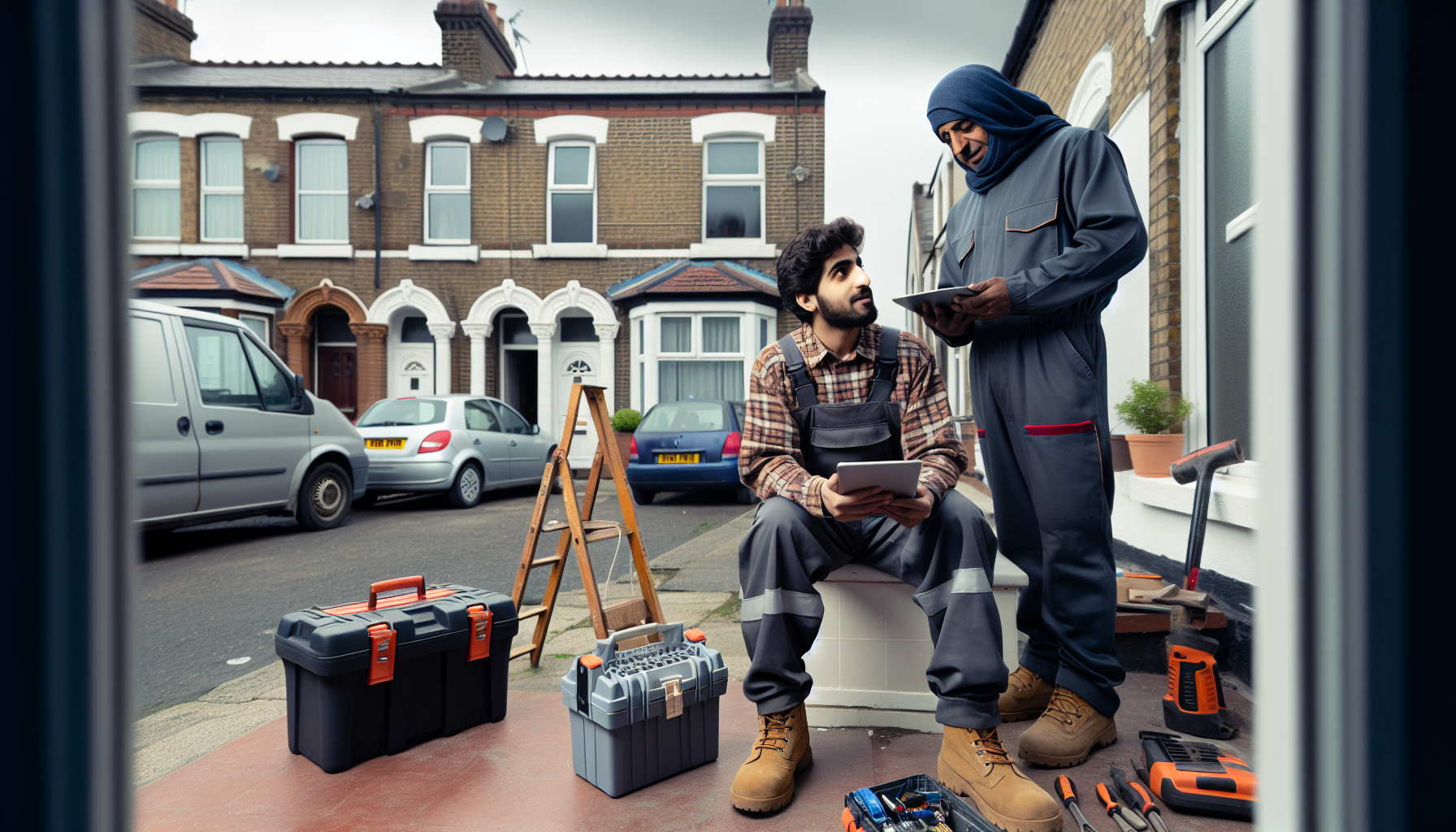 A UK maintenance worker on-site at a British house discussing pricing with a client.