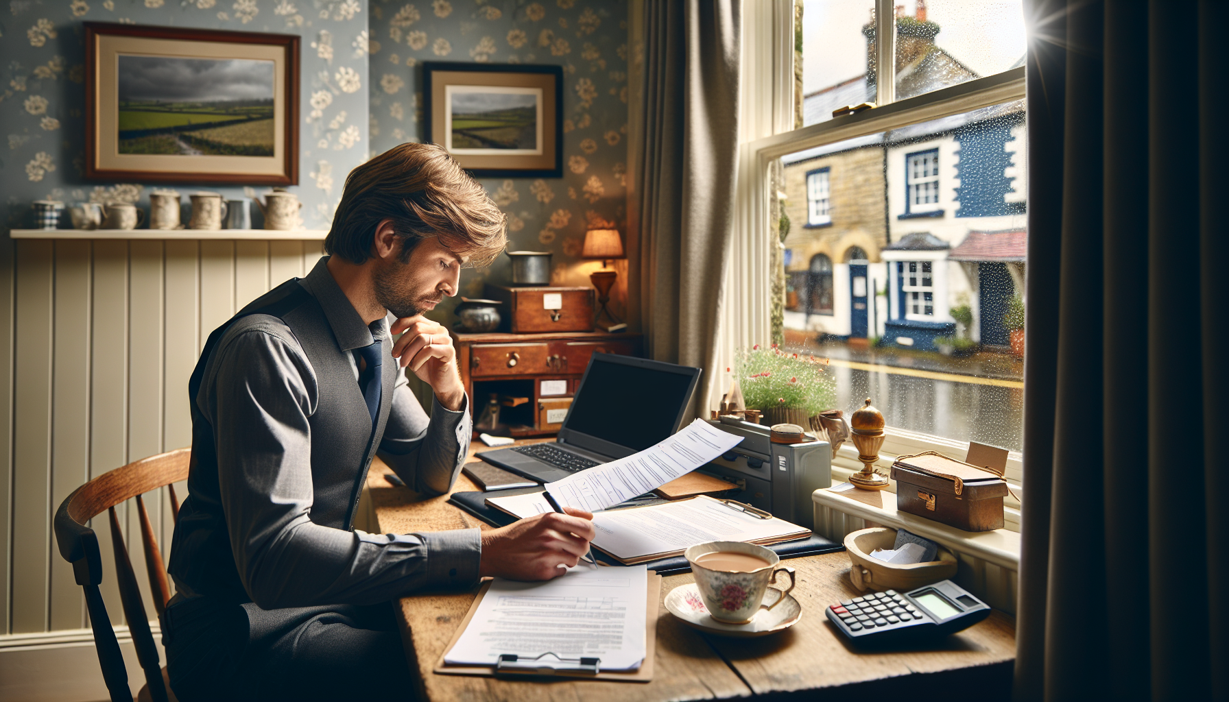 A UK tradesperson reviewing maintenance contracts at a desk in a home office.