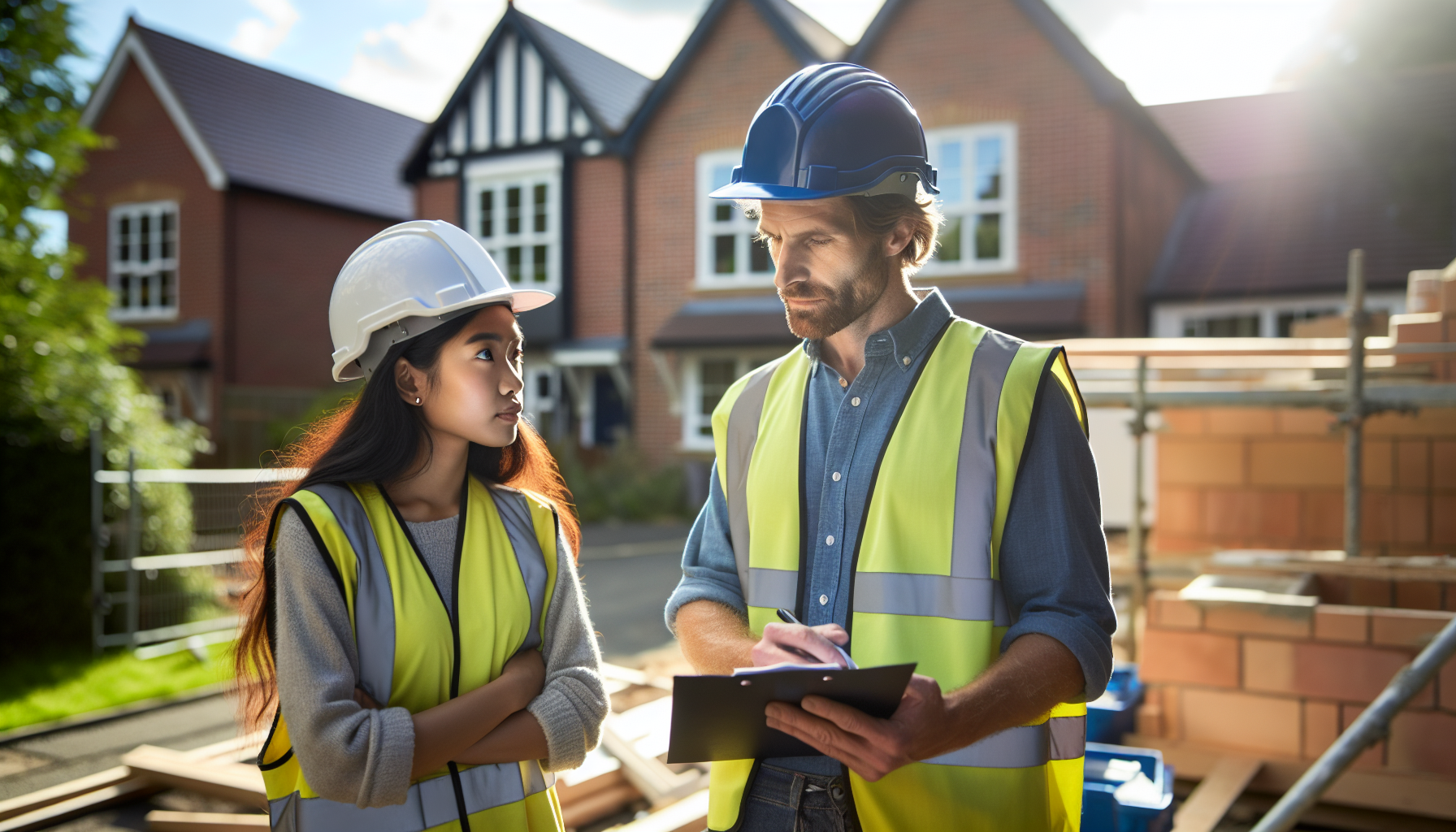 A UK contractor and subcontractor discussing work amidst a British residential construction site.