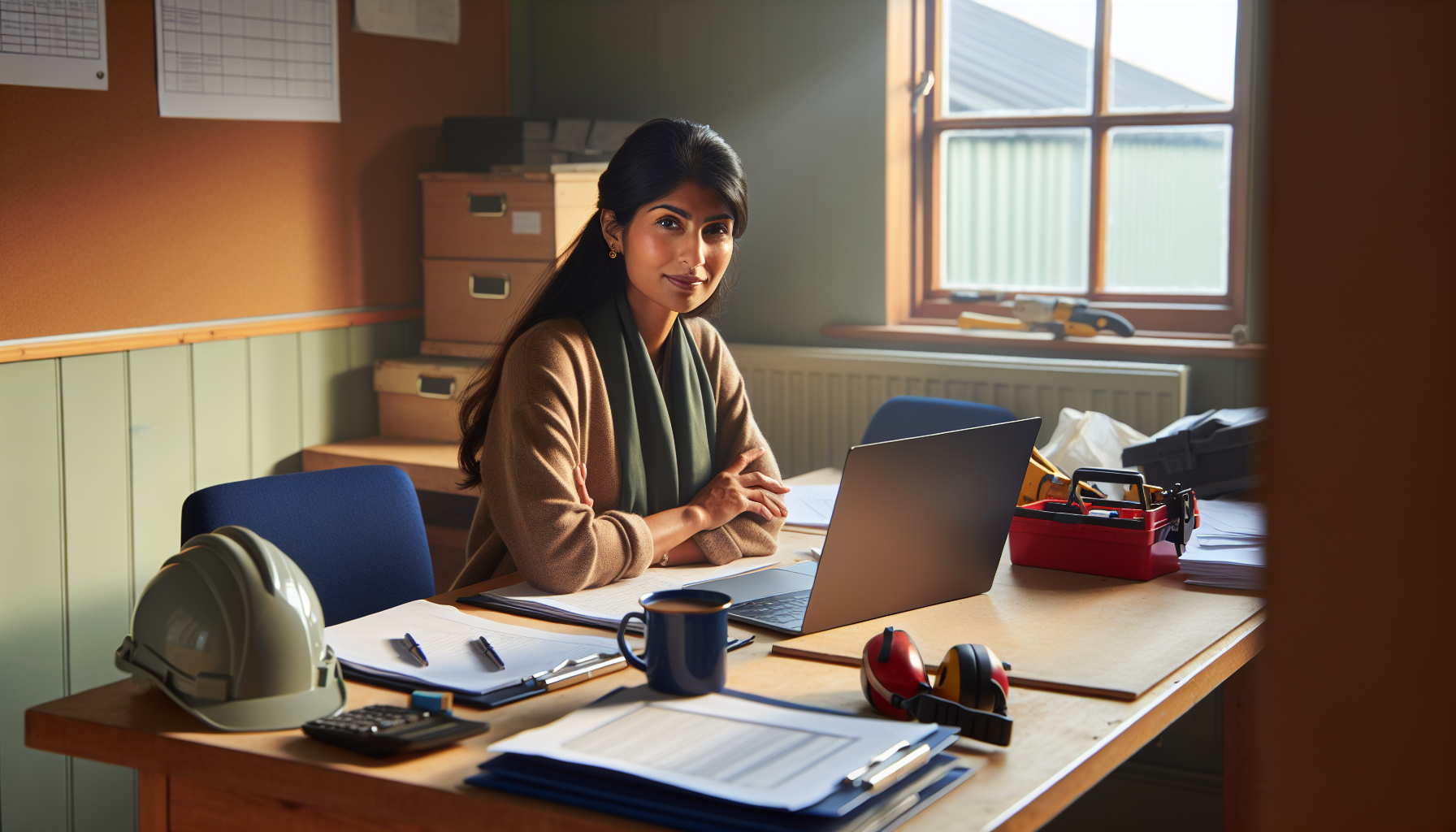 A tradesperson in a UK office setting reviewing documents related to right to work checks.