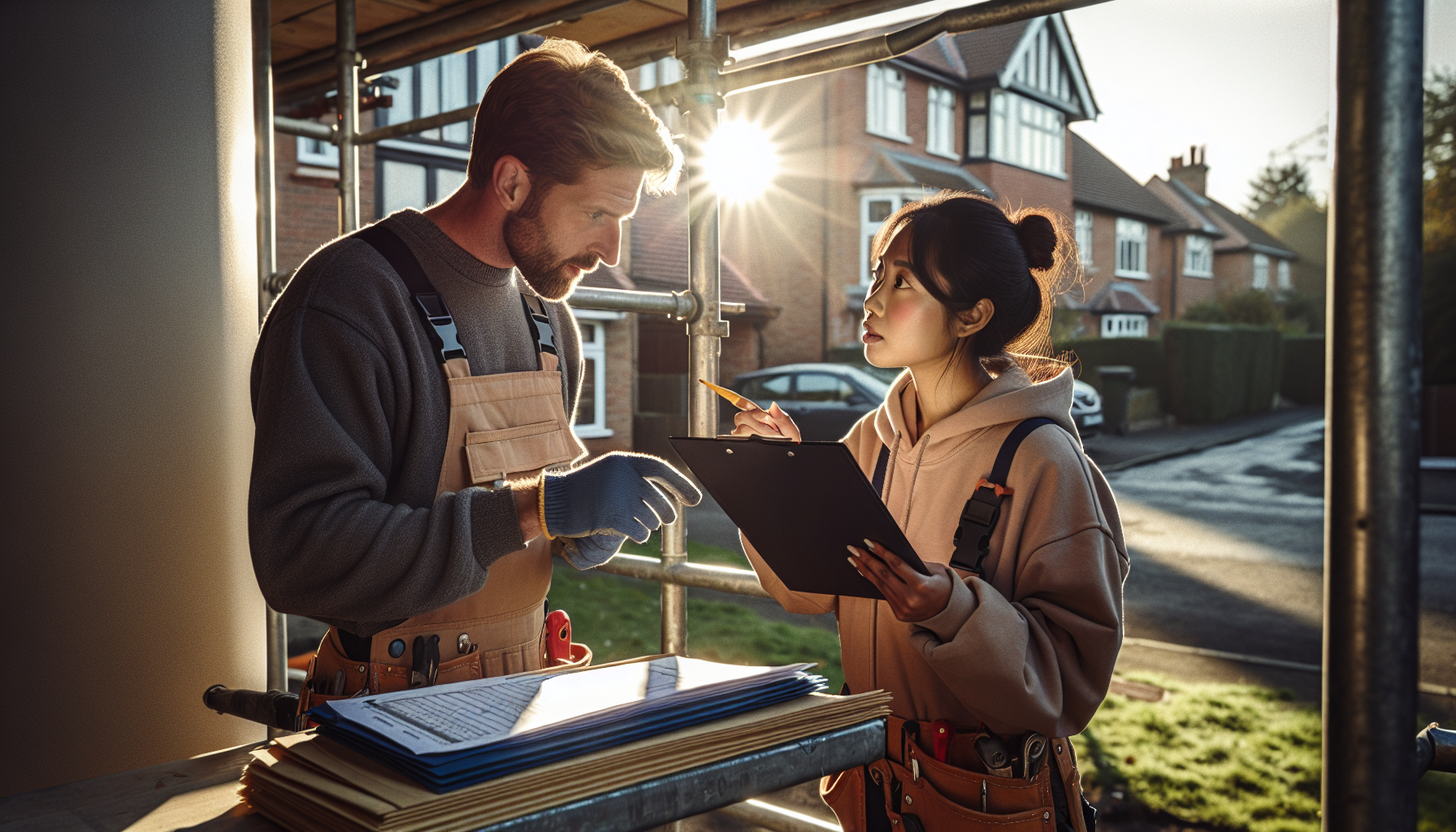 Tradespeople discussing scaffold pricing at a UK construction site, with a scaffold in view.