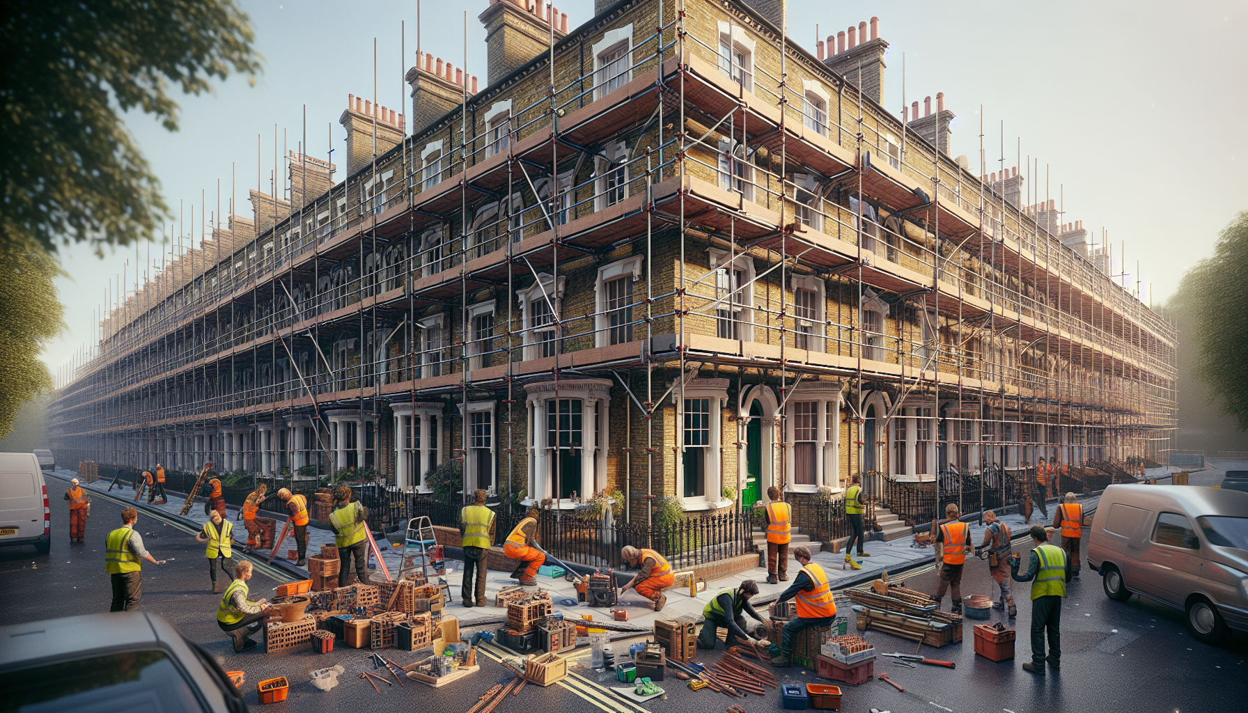 UK street with scaffolding around a terraced house, workers assembling scaffolding.