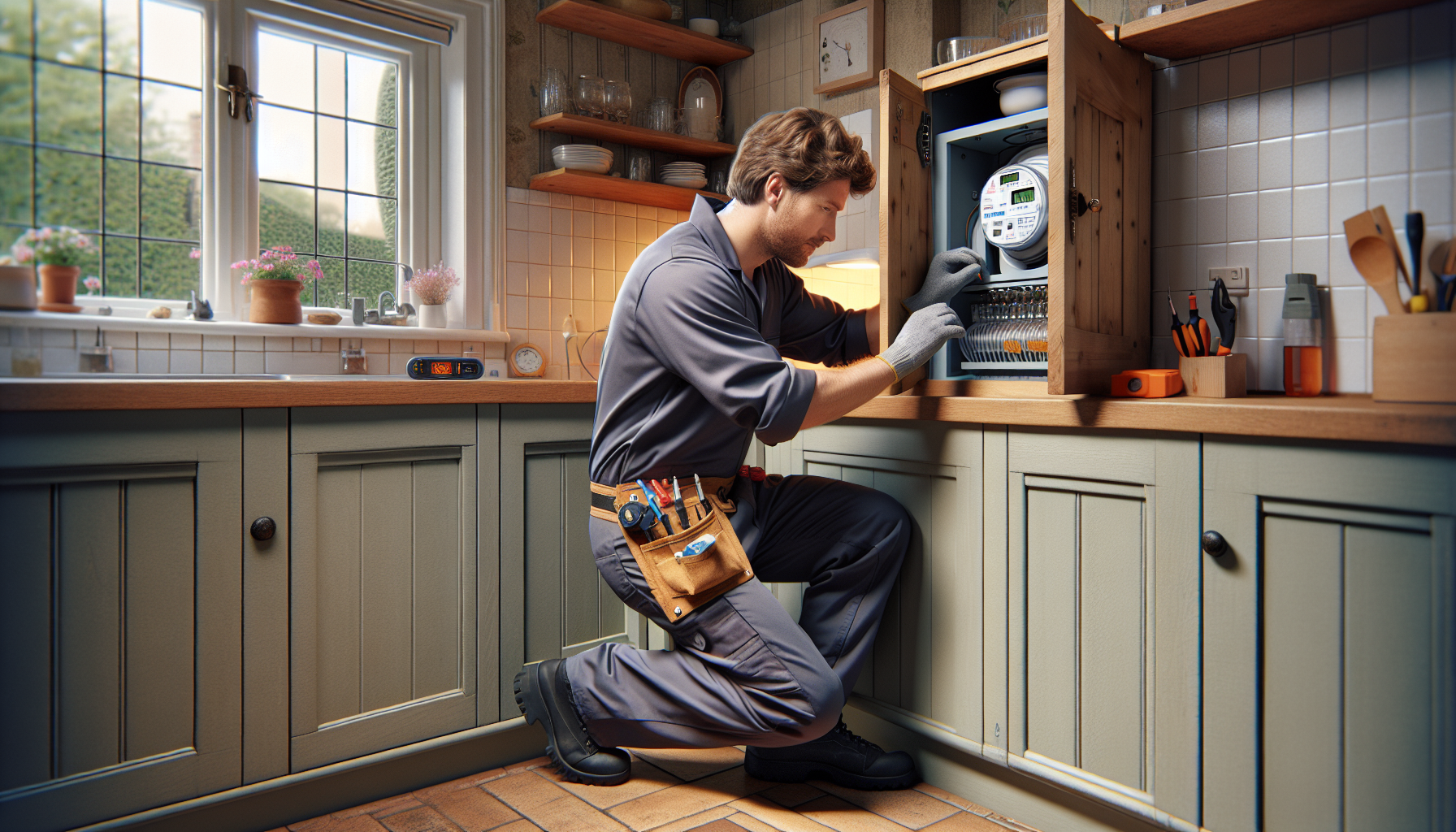An electrician installing a smart meter in a British home kitchen, surrounded by tools and working under natural light.