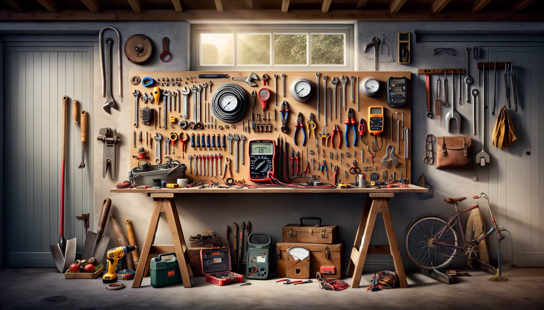 A variety of tools for smart meter installation laid out on a workbench in a UK garage setting, with natural light and background elements typical of British homes.