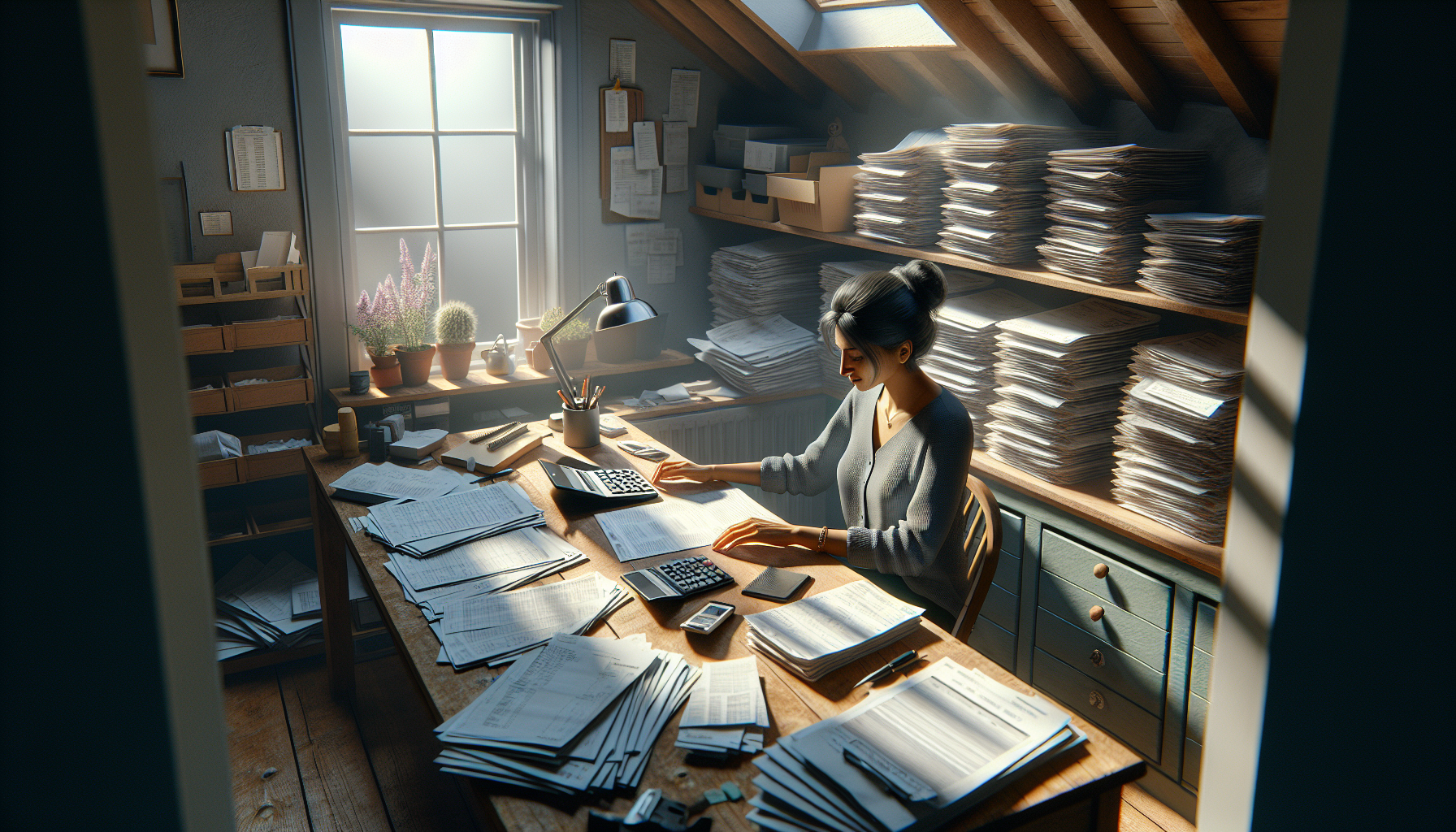 A tradesperson organizing receipts and invoices in a home office, highlighting the importance of good expense record-keeping.