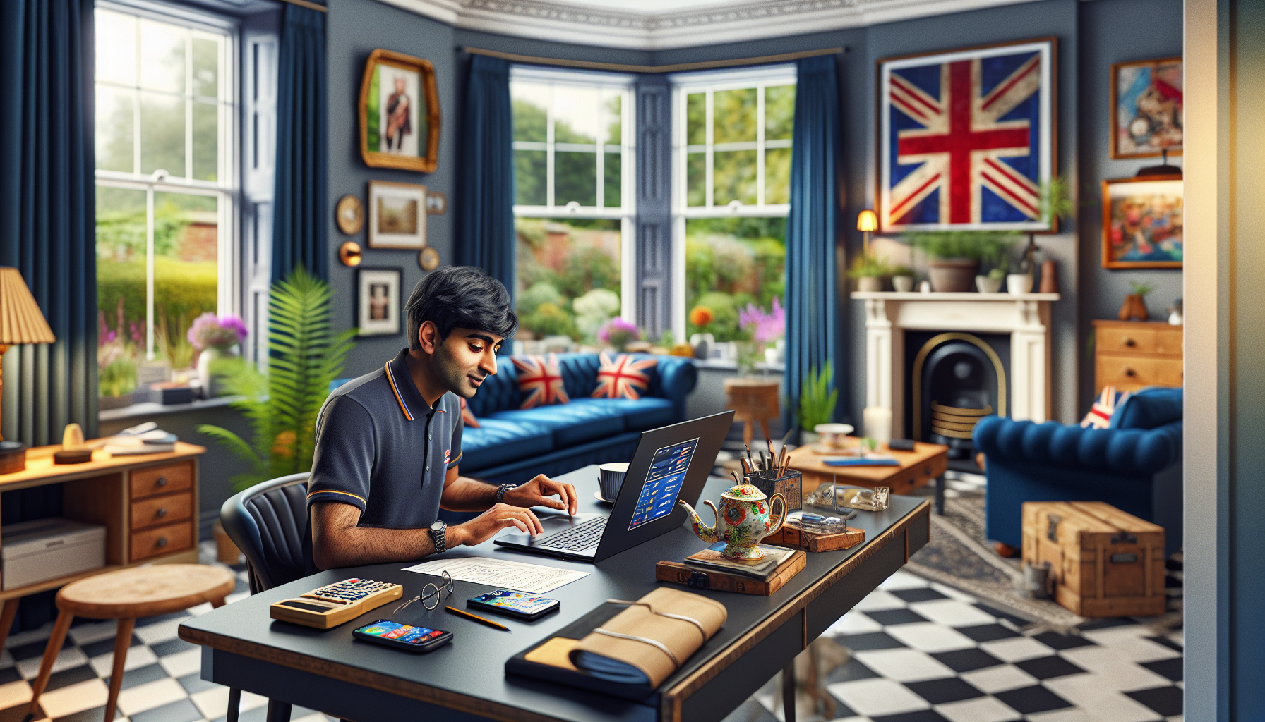 A UK tradesperson using software on a laptop for invoicing and expense tracking in a British-style living room.