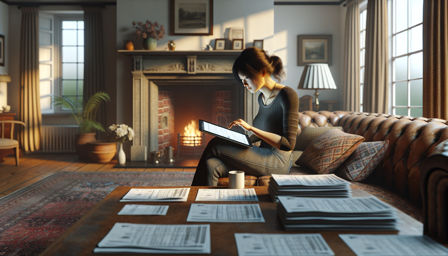 A tradesperson in a British living room using a tablet for digital tax tasks.