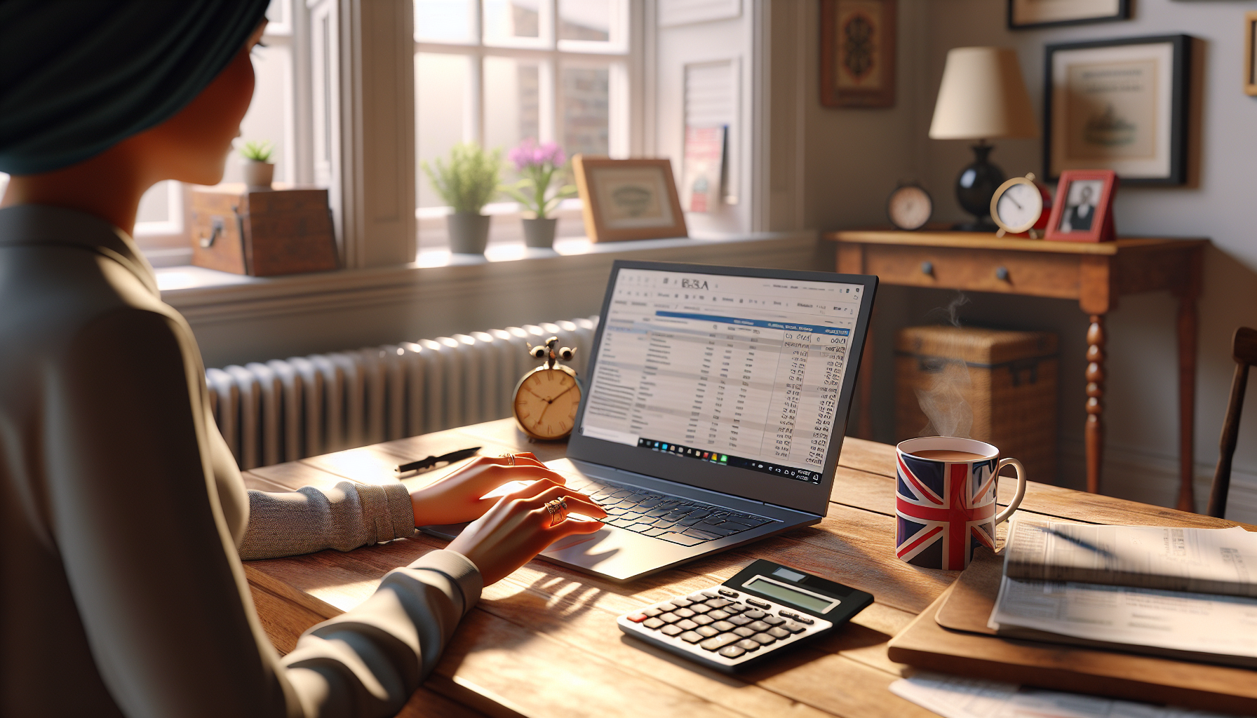 A UK tradesperson working on tax documents in a home office with British decor.