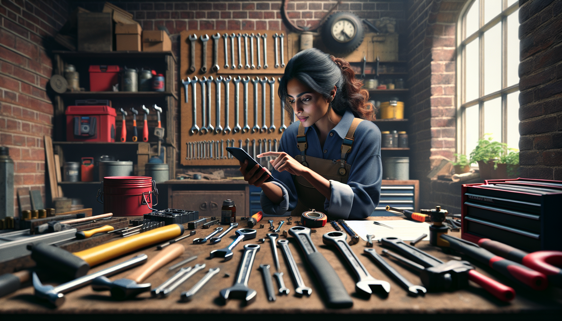 A tradesperson in a British garage registering tools with a smartphone, surrounded by various UK tools.