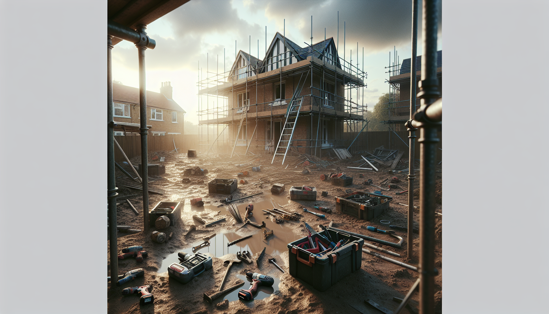 A UK construction site with scattered tools after a theft, showing an unfinished house and cloudy skies.
