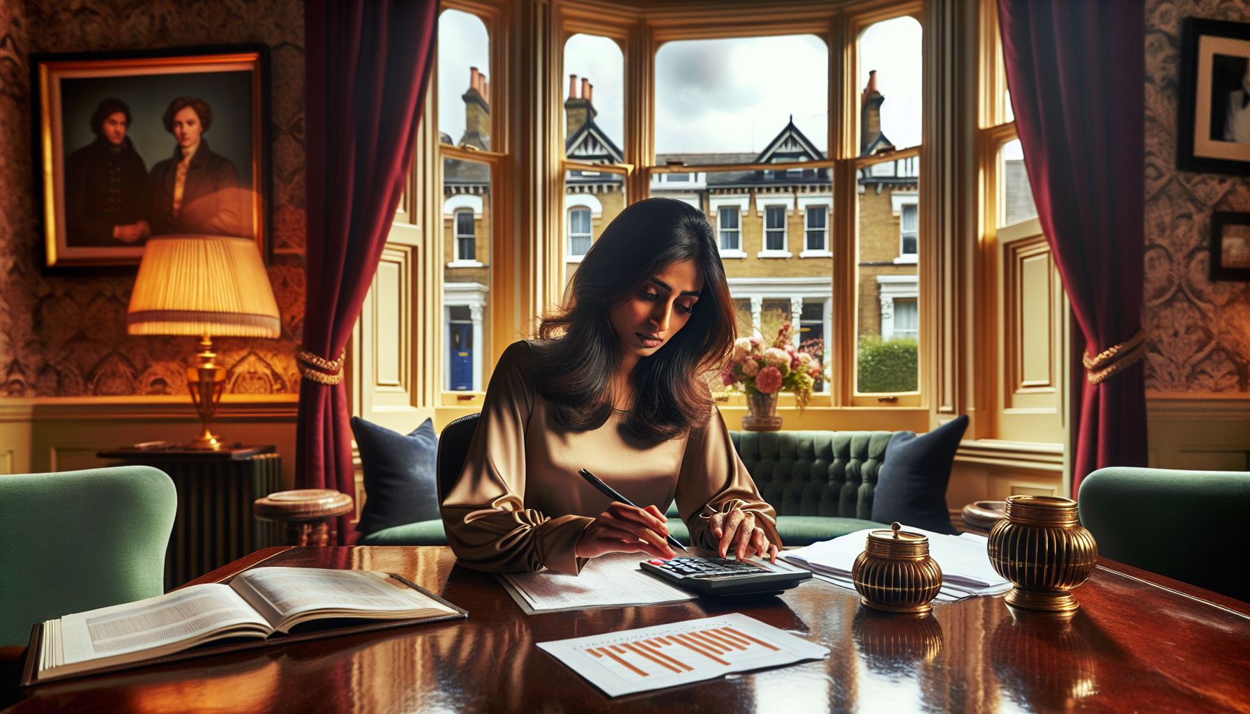 A UK tradesperson calculating budget projections in a British home with classic architecture.