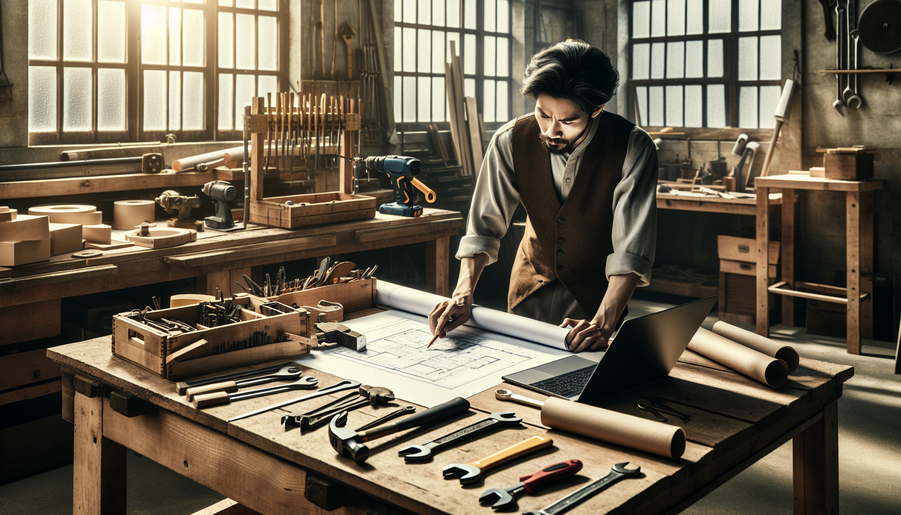 A UK tradesperson reviewing a business plan in a well-lit workshop with tools around.