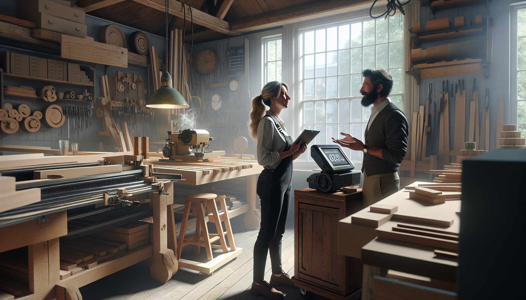 A UK tradesperson in a workshop discussing trade credit insurance with a consultant, surrounded by woodworking tools.