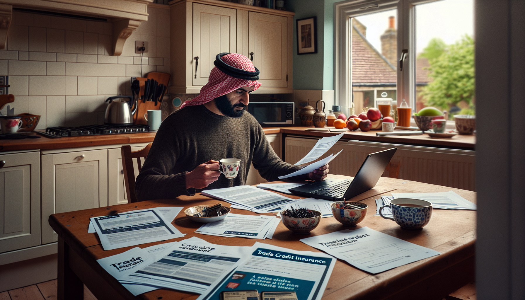 A UK tradesperson at a kitchen table in a British home, reviewing trade credit insurance documents with a cup of tea and a laptop.