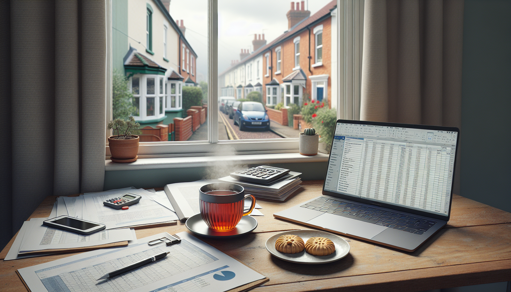 A British home office setup with paperwork and a laptop, showing a suburban street view through the window.